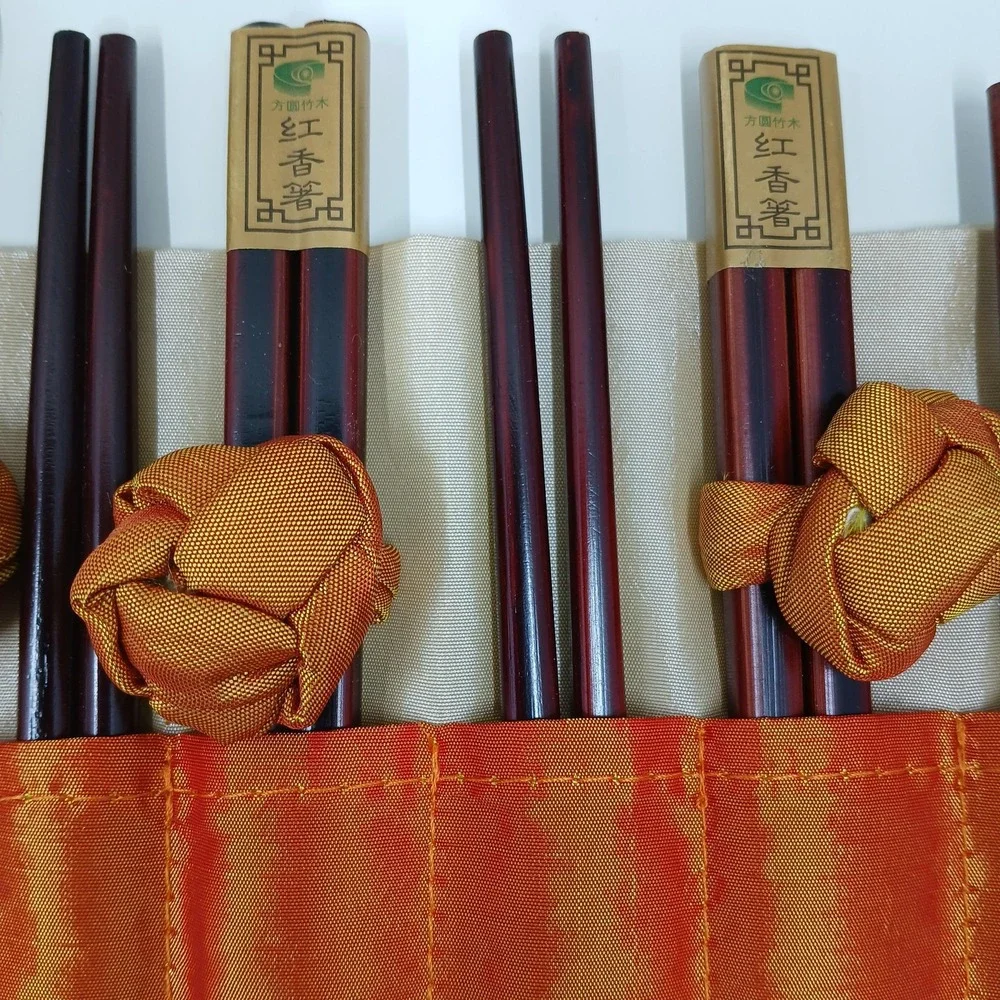 Brown Bamboo Wood Chinese Chopsticks‎ Set 12 Pairs Fabric Travel Rolls Gift